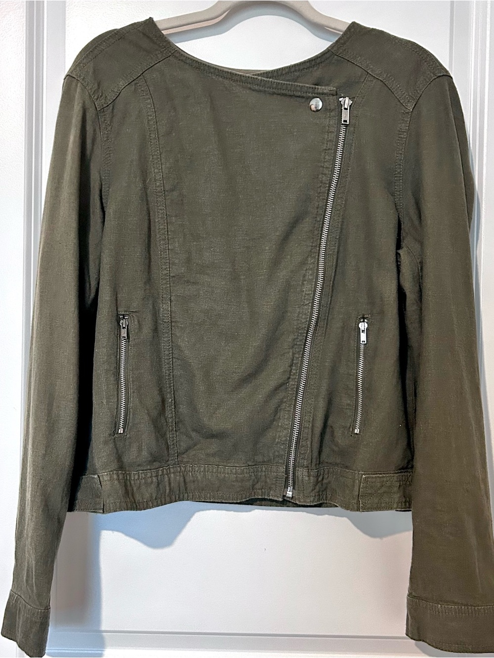 Gap Moto Jacket Olive Green Linen Blend Full Zip Womens  XL Euro Summer Beachy